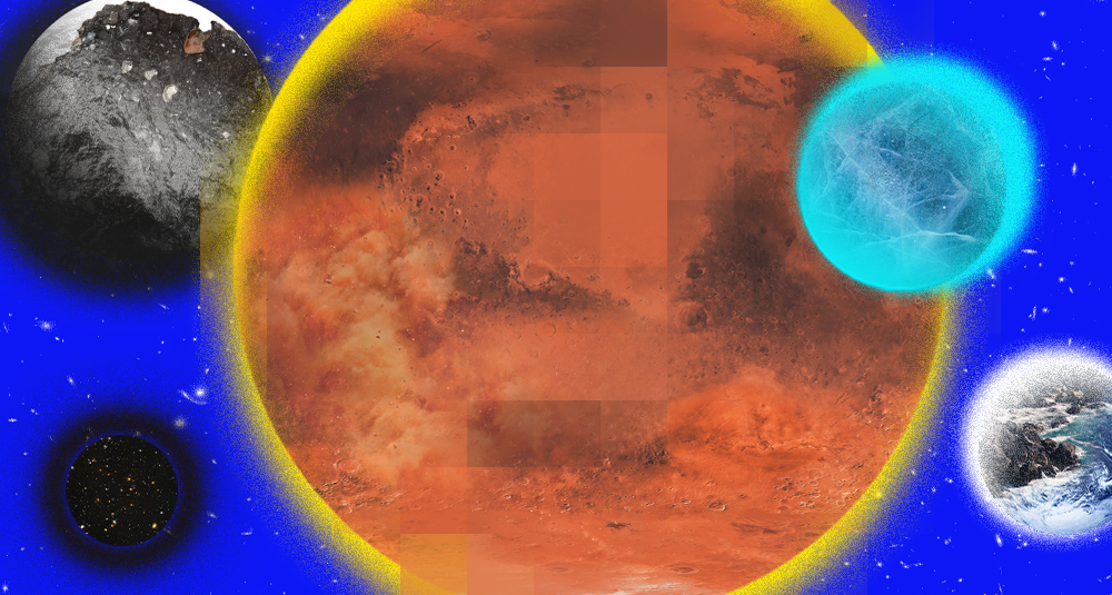A graphic showing 5 diferent planetary bodies against a blue background dotted with stars and galaxies